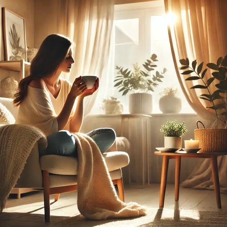 Women sitting in a cozy chair sipping a cup