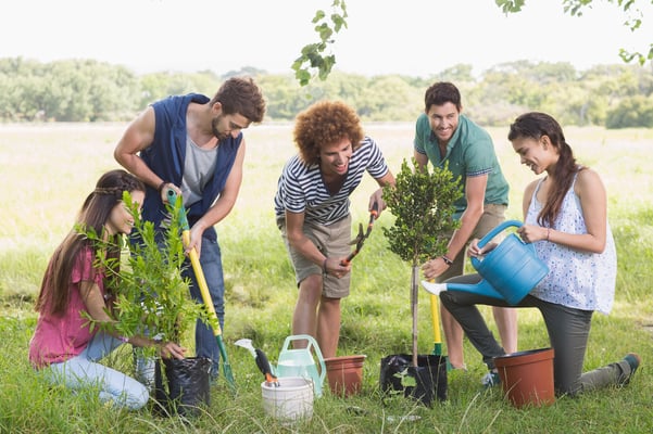 Happy friends gardening for the community on a sunny day